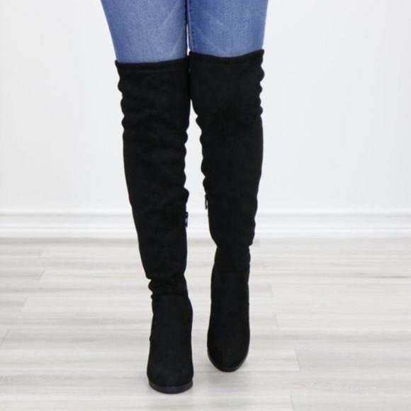 Tie Back Over Knee Heeled Sleek Boots Suede Black - Picture 11 of 15